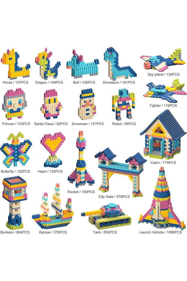 PlayBlock 100'lü inşa seti ile oluşturulmuş çeşitli eğlenceli yapılar ve figürler.