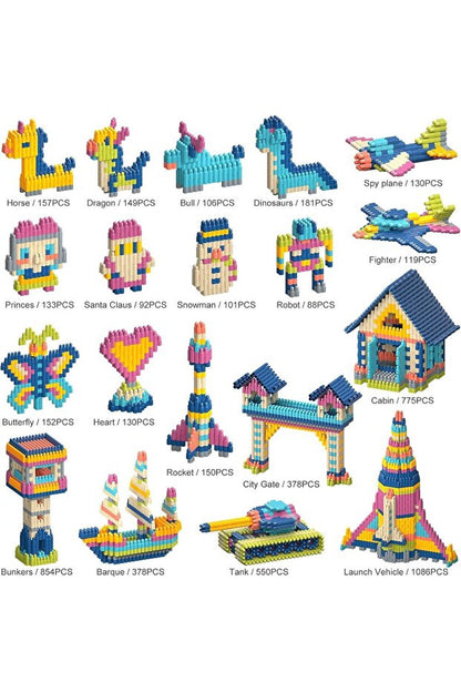 PlayBlock 100'lü inşa seti ile oluşturulmuş çeşitli eğlenceli yapılar ve figürler.